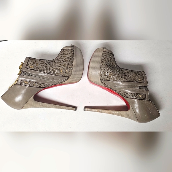 Christian Louboutin Brown Laser-Cut Leather Pampas 150 Peep Toe Ankle Boots Size - Picture 7 of 9